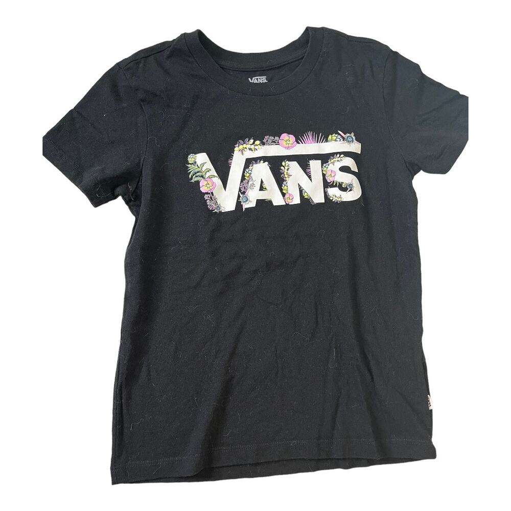 Vans black white floral logo graphic short sleeve tee crew neck x-small NWOT